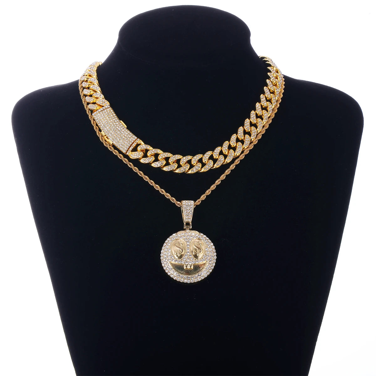 Smiling Crystal Iced Fancy Fashion Full Drill Alloy Jewelry Bling Money-grubbing Face Pendant With Chain Necklace Set