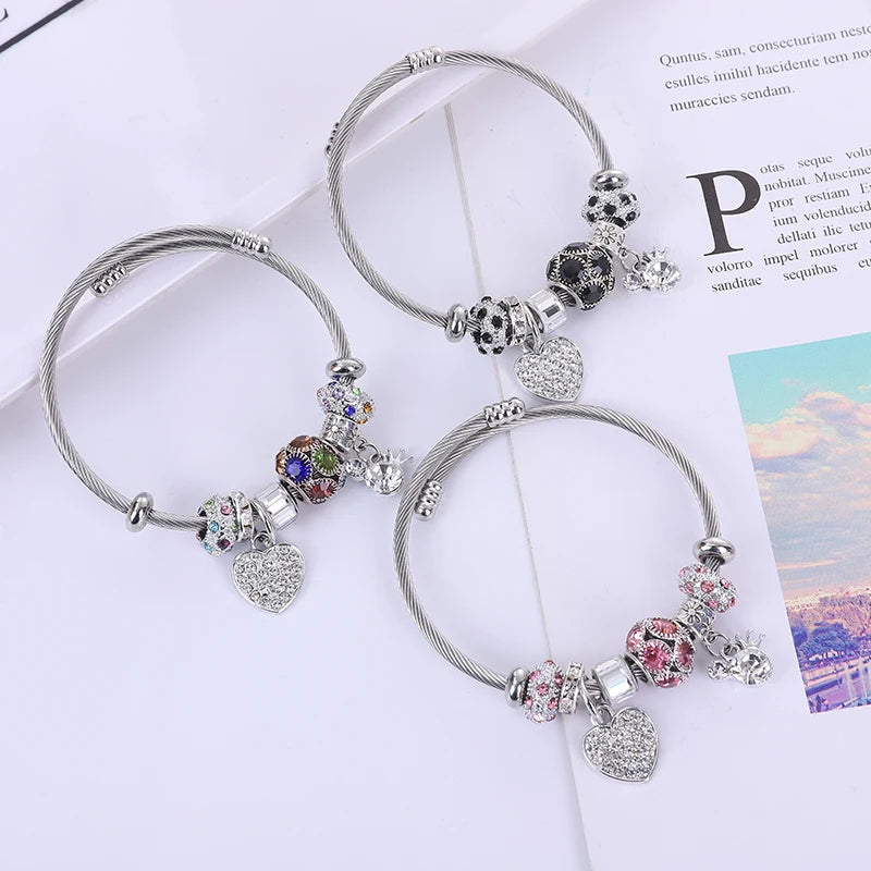 Big Crystal Beads 316L Stainless Steel Charm Bracelet Hearts Crown Pendant Women Charm Bracelet for Gift
