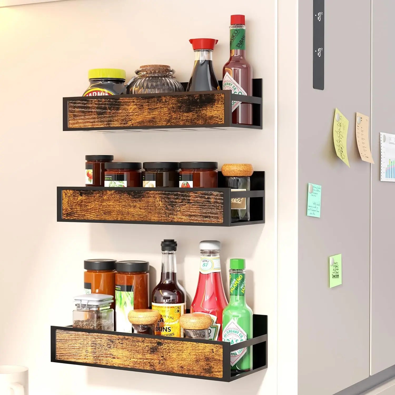 Wooden Three-Tier Standing Type 3 Pack Strong Moveable Magnetic Spice Organizer for Kitchen