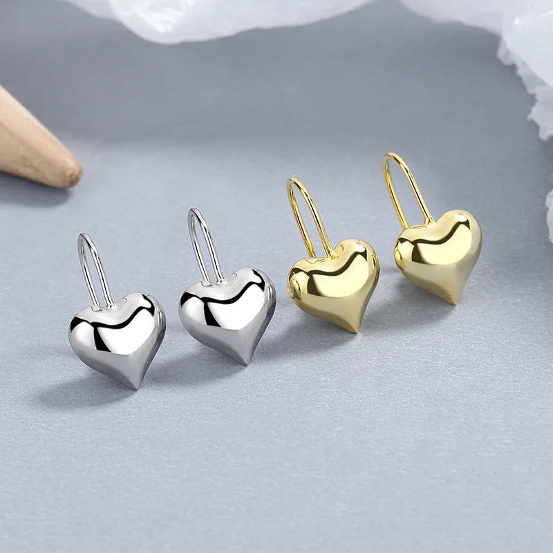 Fashion Minimalist Jewelry 925 Sterling Silver Simple love Heart Pendant Bead Shape Gold Plated Hoop Earrings for Women