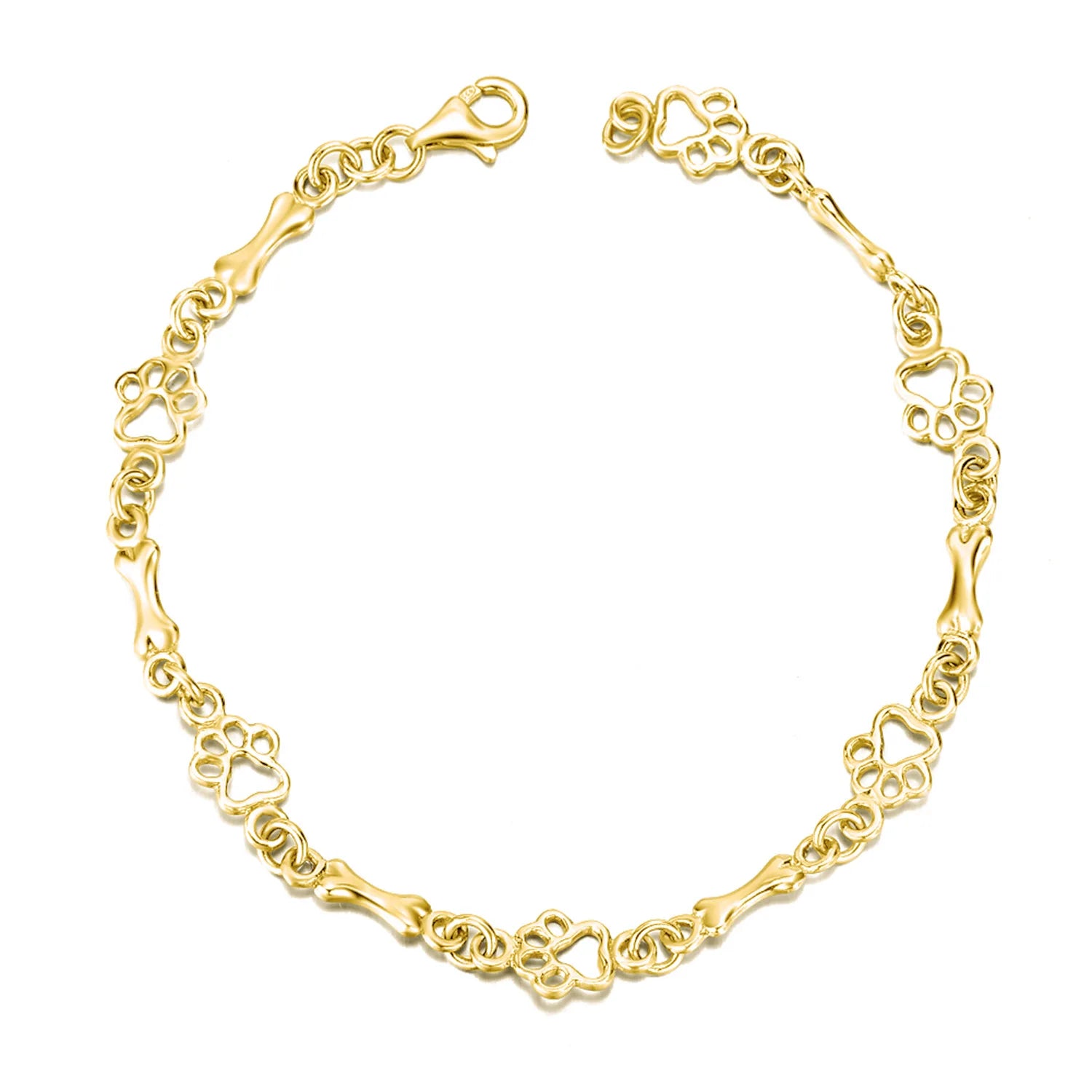 Animal Lover Jewelry 925 Sterling Silver Gold Plated Dog Paw Bone Link Chain Bracelet