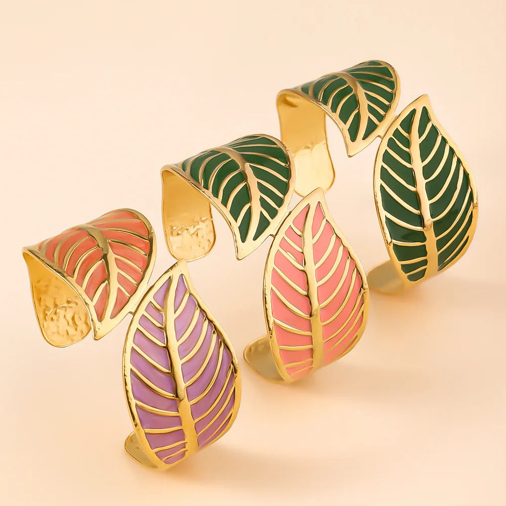 Luxury Drip Oil Leaf Bracelet Bangle Women Gold Stainless Steel PVD 18K Plated Stainless Steel Open Bangle