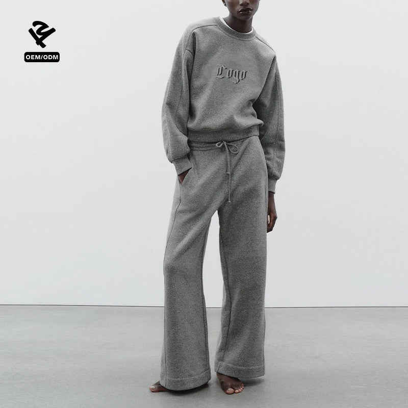 F5190 Custom Women's Fleece Tracksuit Set 2 Piece Oversized Sweatshirt and Wide Leg Pants Two Piece Set Women Clothing