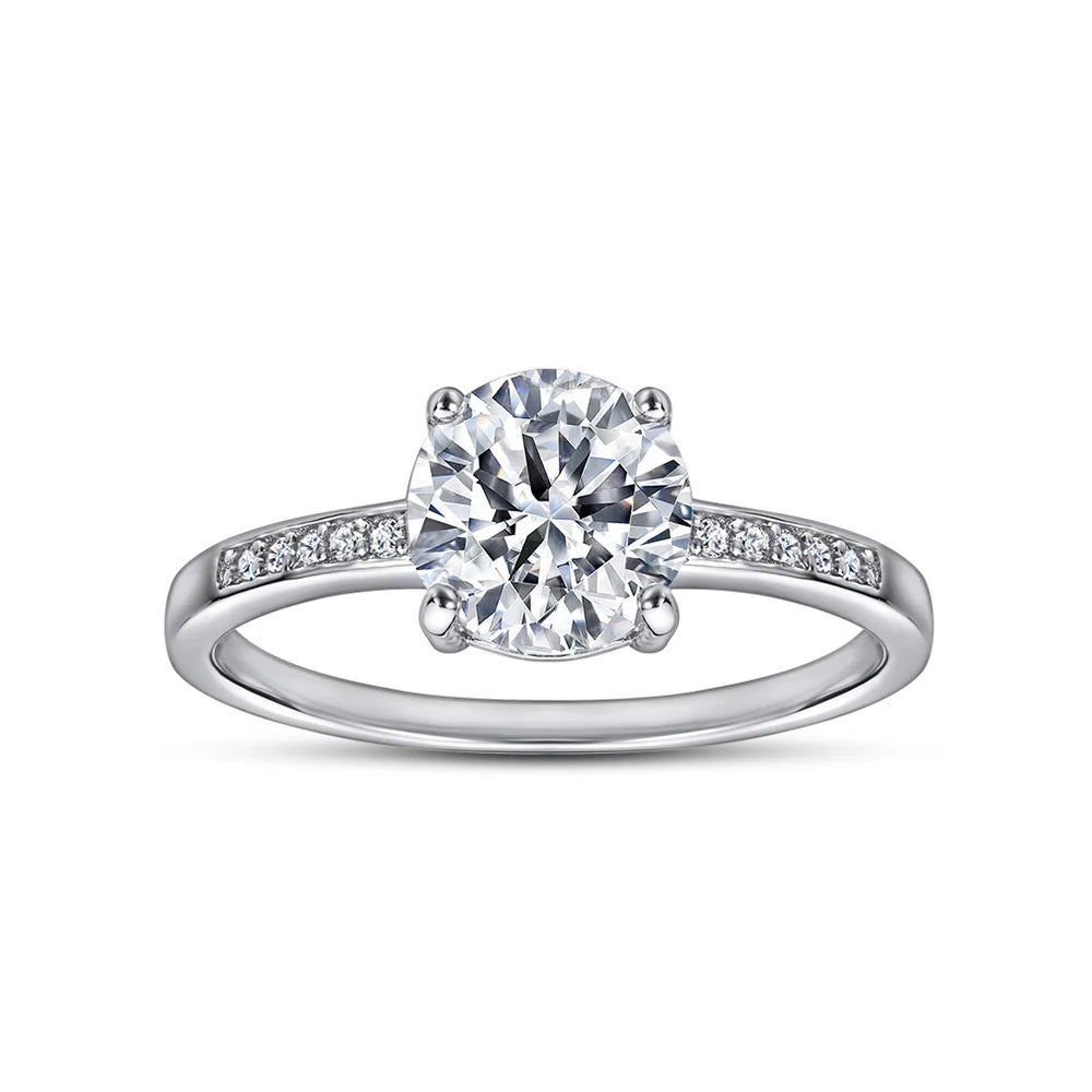 Round Diamond Engagement Ring 18K White Gold Plated With Side Stones S925 Sterling Silver Rings