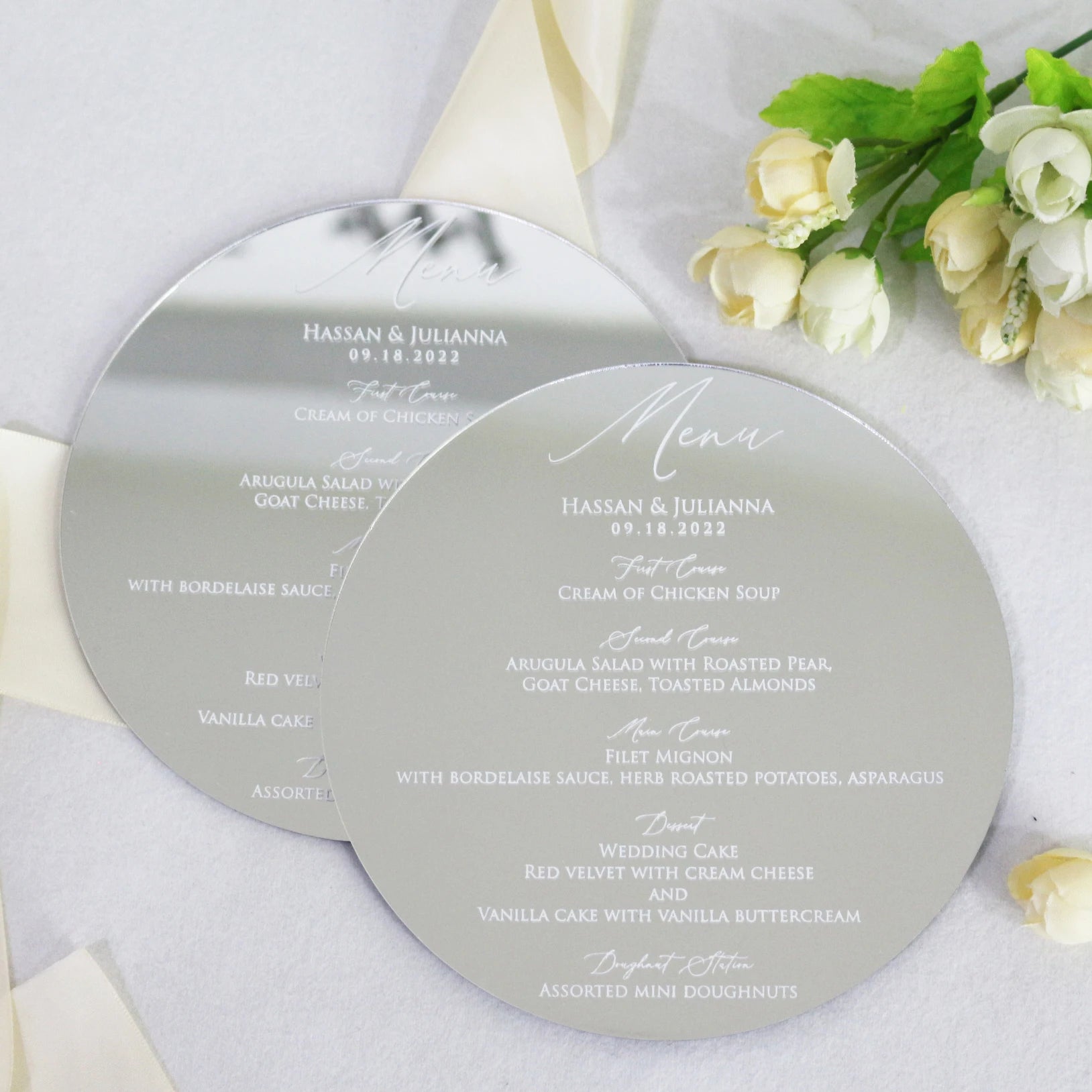 Round Shape Silver Mirror Acrylic Wedding Menu Design White Foiling Print for Wedding Party