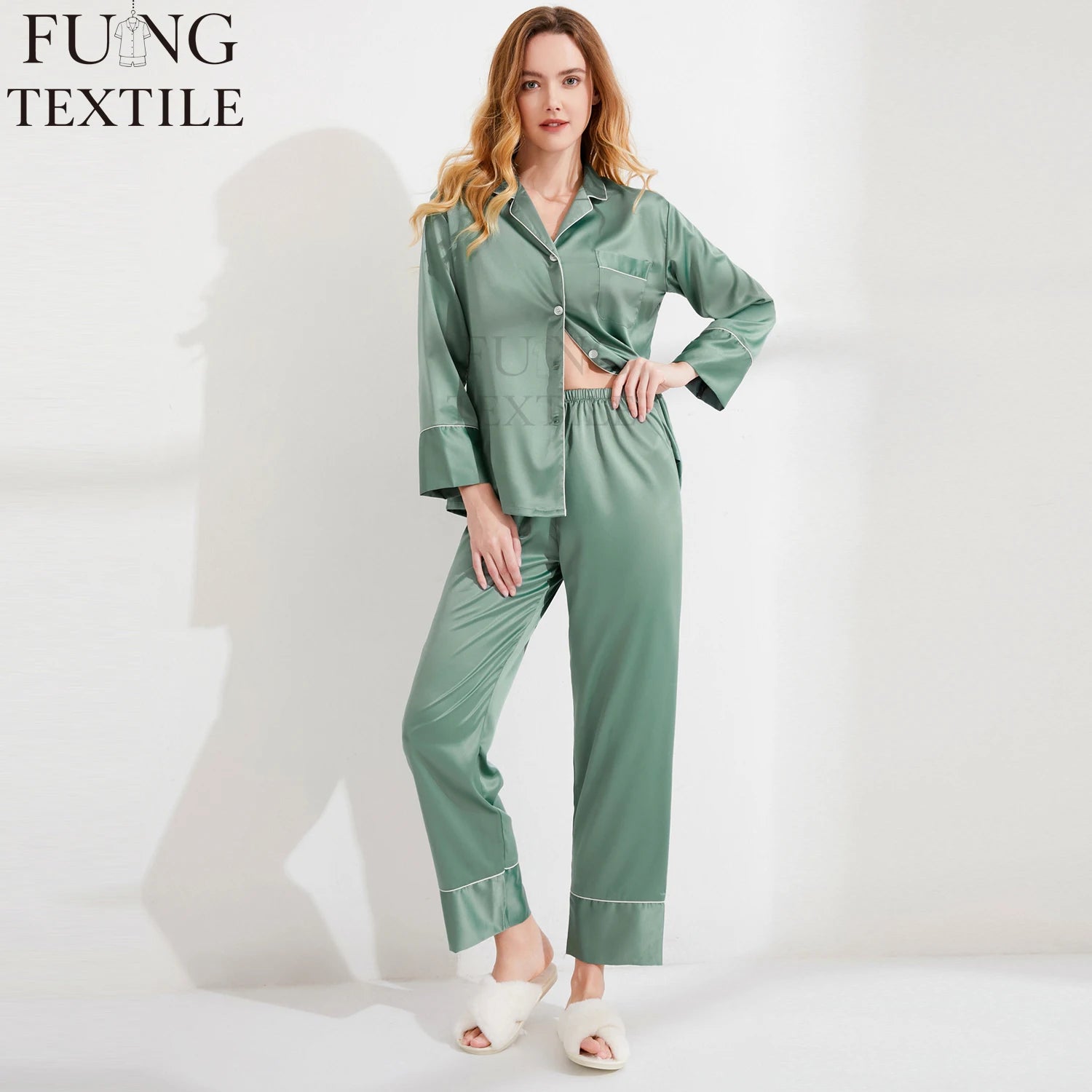 Fung 6001 Solid Button up Silk Pyjamas PJs Blouse & Pants Women Designer Custom Luxury Satin Pajamas