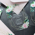 High-Quality Elegant Digital UV Printed Floral Clear Acrylic Card Weddings Invitations with Pink Red Green Velvet Envelope