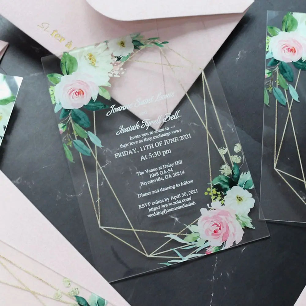 High-Quality Elegant Digital UV Printed Floral Clear Acrylic Card Weddings Invitations with Pink Red Green Velvet Envelope