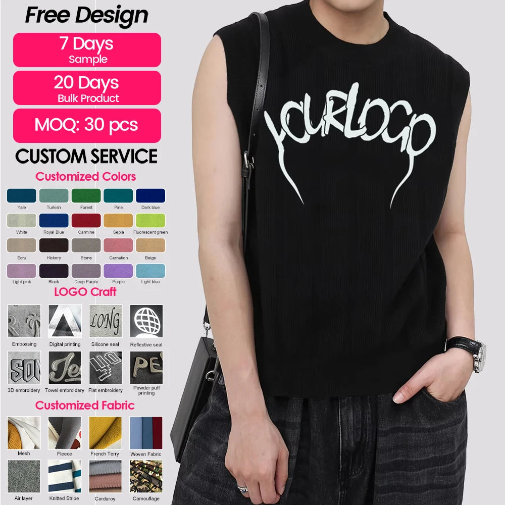 Brand High Quality Loose Blank O-Neck Tank Top Vintage Drop Shoulder Heavyweight Men's Sleeveless T-Shirt