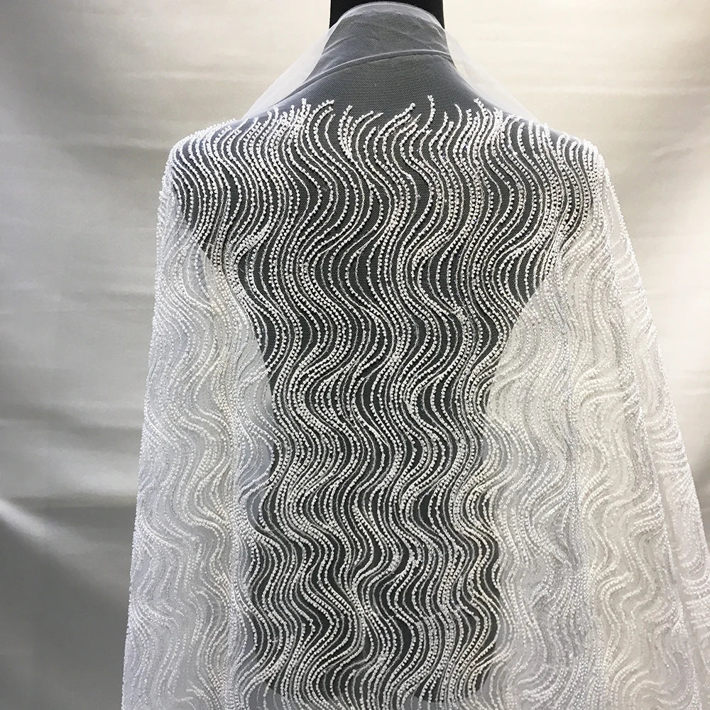 1 Yard White Ivory Bridal Lace Fabric Embroidered With Beads and Pearls High Quality African Lace Wedding