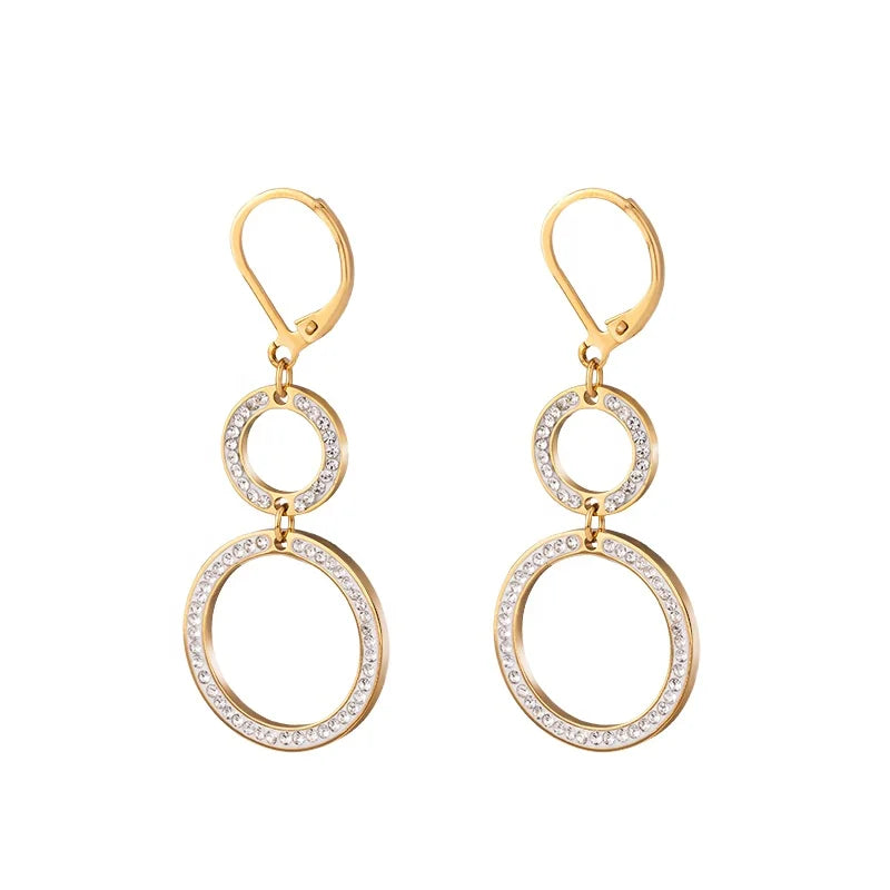 Fashion Charm Double Circle Inlay Zircon Drop Earrings 18K Gold Plated Stainless Steel Minimalist 3 Loop Long Tassel Earrings