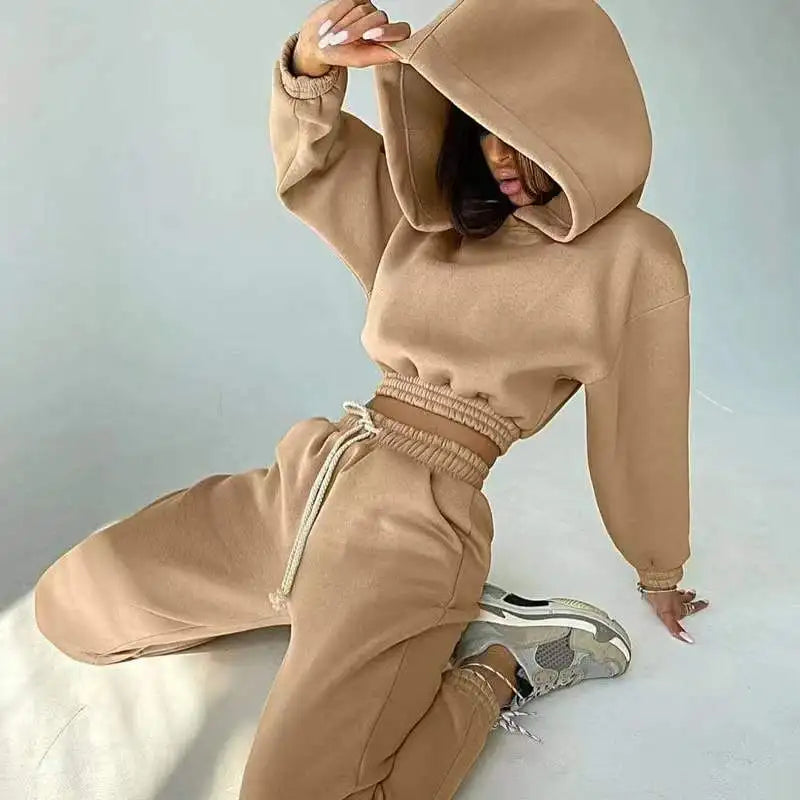 Women Set Solid Color Booty 2 Piece Spring Clothing Fashion Set Long Sleeve Knitted Jogger Set Hoodie and Biker Shorts
