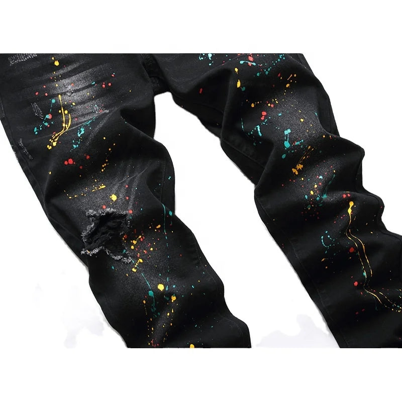 High Street Men Fashion Nova Jeans Mid Waist Multi Pocket Ripped Men's Jeans for Men With Paint on