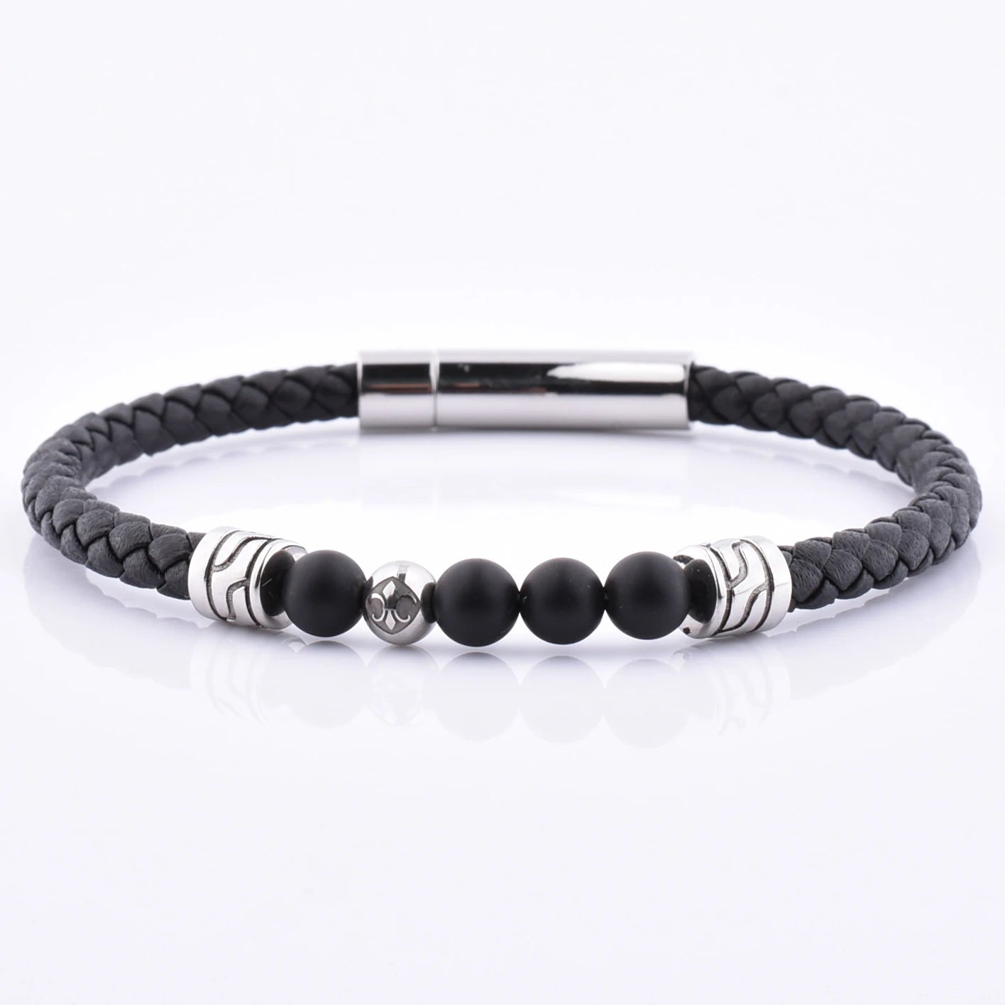 Handmade Newest Design Customs Logo Silver Ladies Black Leather Agate Bead Bracelet