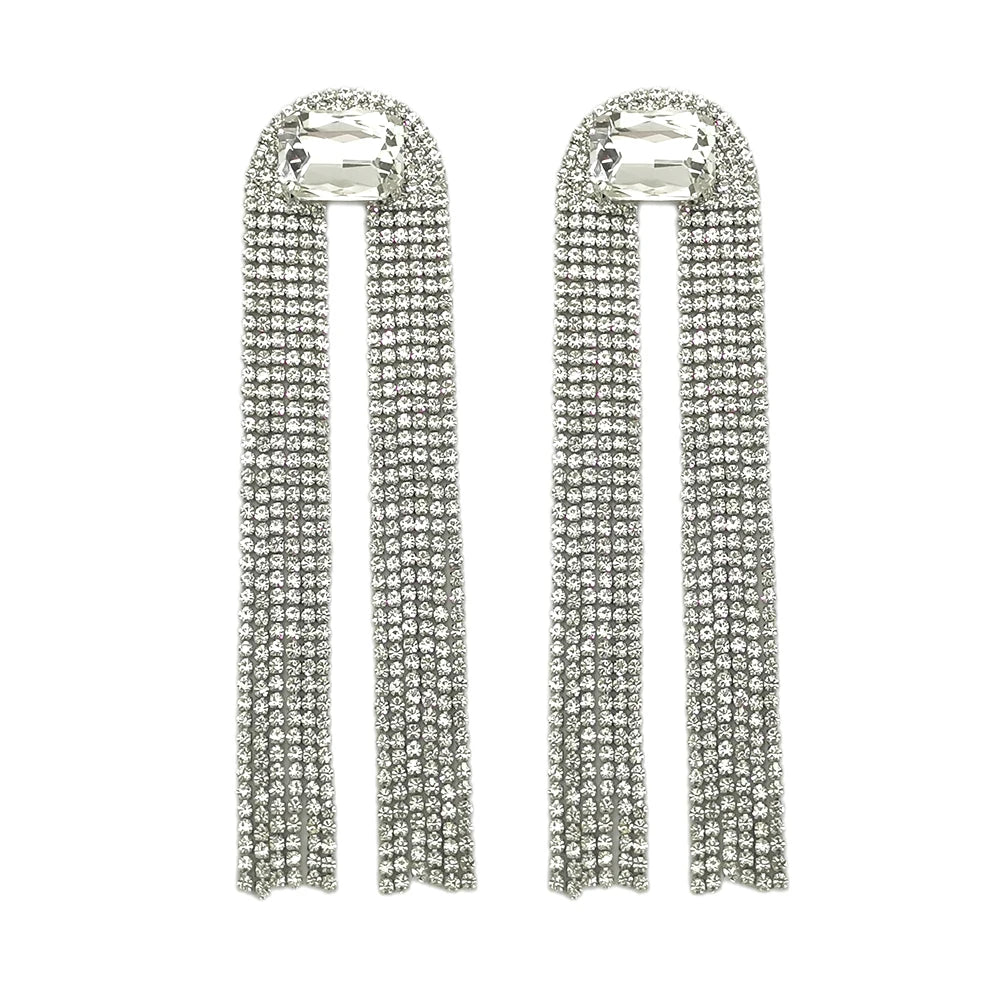 INS Statement Designer Luxury Rhinestone Drop Earrings Shiny Big Glass Crystal Chains Tassel Earrings Wedding Jewelry