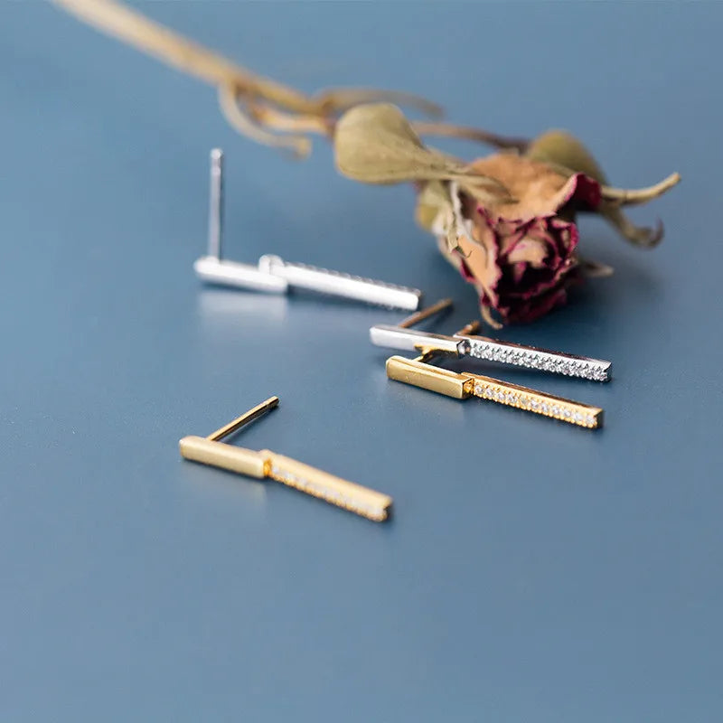 INS Fashion Jewelry 925 Sterling Silver Tennis Earring Stick Shaped Row Drill Zircon Gold Plated Stud Earrings for Women
