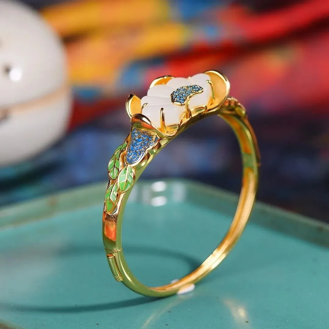 Vintage Chinese Style Hetian Jade Lotus Bracelet Silver Plated Enamel Gold Plated Floral Bangle Traditional Handmade Jewelry