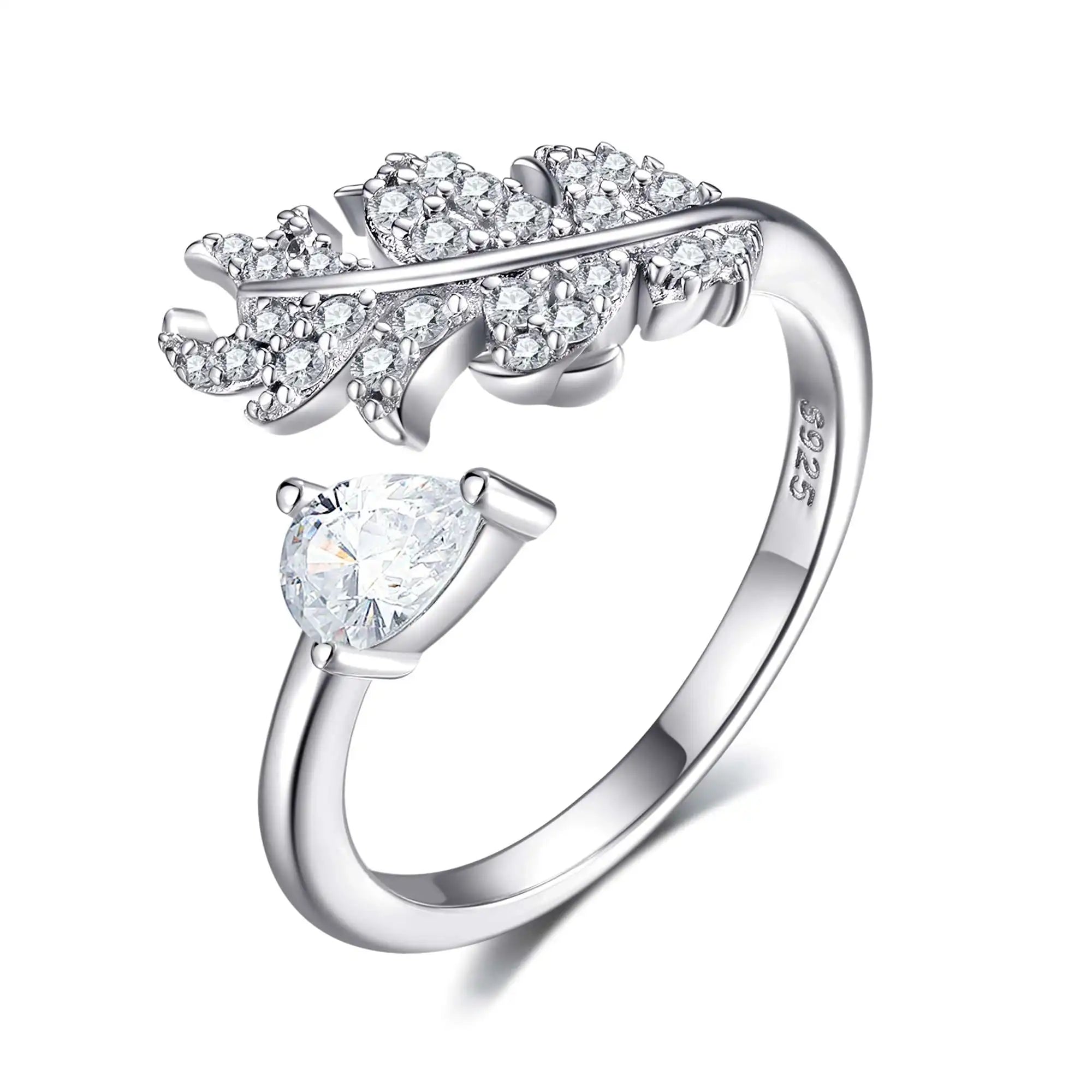 Fashion Adjustable Open Feather Zircon Rhodium Plated 925 Silver Finger Ring for Weeding Engagement Anniversary Party Gift