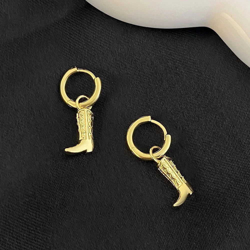 For Foxi 18K Gold Plated Drop Earrings Wholesale Fashion Western Cowboy Boots Design Trendy Brass Hoop Earrings Geometric