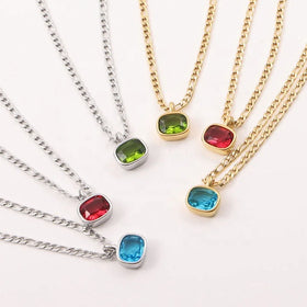 Hot Sale Women Trendy Luxury Jewelry 18k Gold Plated Stainless Steel Colorful Geometric Rectangle Gemstone Pendant Necklace