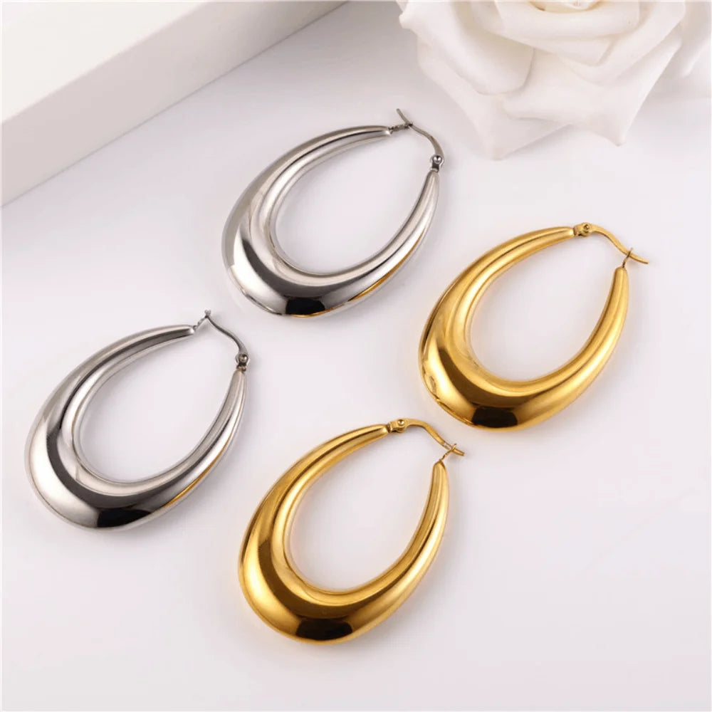 Stainless Steel Punk Chunky 4.9cm Large Thick Plain Herringbone Plain Gold Hoop Earring Women Earrings