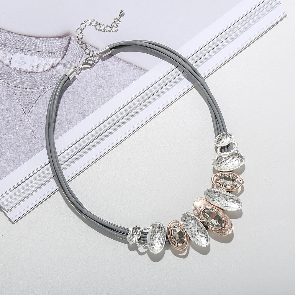 TongLing Vintage Necklace Multi Rope Geometric Rhinestone Pendant Choker Necklace