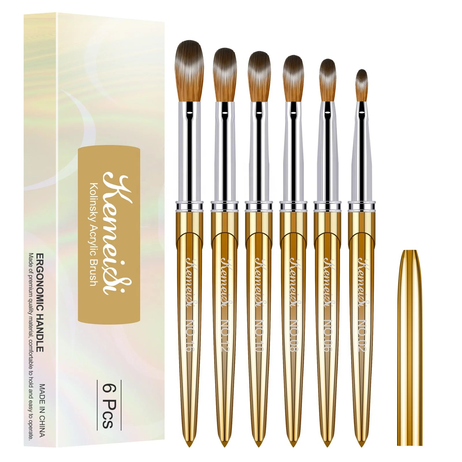 Kemeisi 6PCS Professional Nail Brush Set Grade a 3D Engraving Kolinsky Hair Metal Handle Acrylic Nail Brushes for Nail Extension