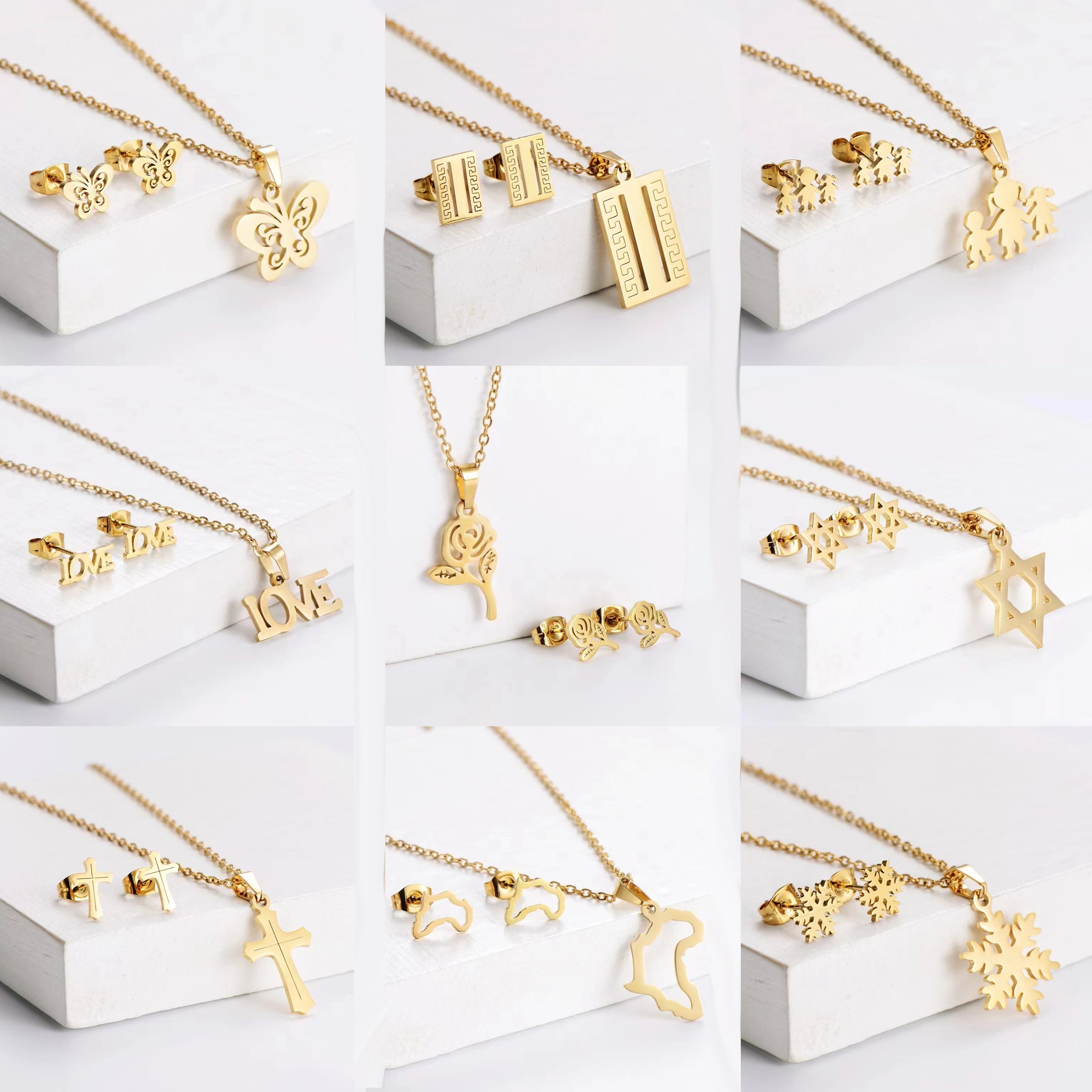 Minimalist 18K Gold Stainless Steel Heart Butterfly Jewelry Set for Women Link Chain Necklace Earrings with Pendant for Gift