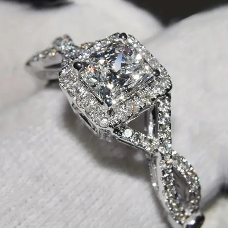 CAOSHI Exquisite Bling Square Design White/Pink/Blue 3A Zircon Band Rings for Luxury Wedding Silver Plated CZ Rings Jewelry OEM