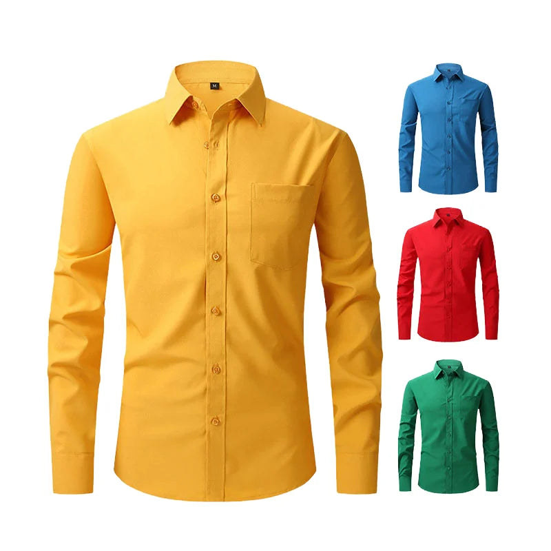 RNSHANGER Men's Casual White Black V-neck Anti-Wrinkle Regular Fit Long Sleeve Polyester Business Formal Dress Shirts for Autumn