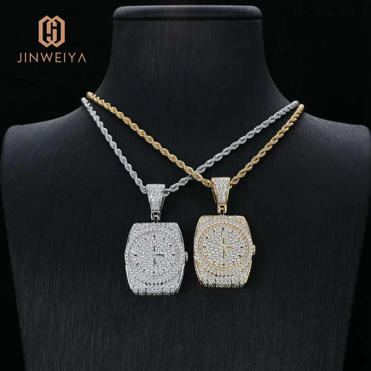 JWY 18K Gold Plated Hip Hop Watch Pendant Necklace Fashion Diamond Jewelry Charm Iced Silver Pendant Zircon Rope Chain