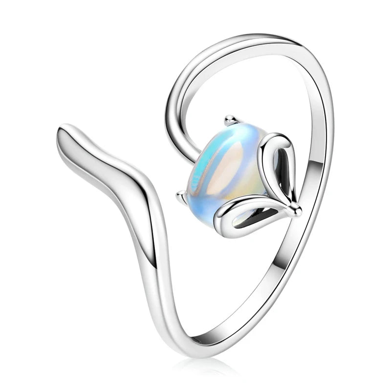 Adjustable Opening Women Girls Moonstone 925 Sterling Silver Wolf Ring