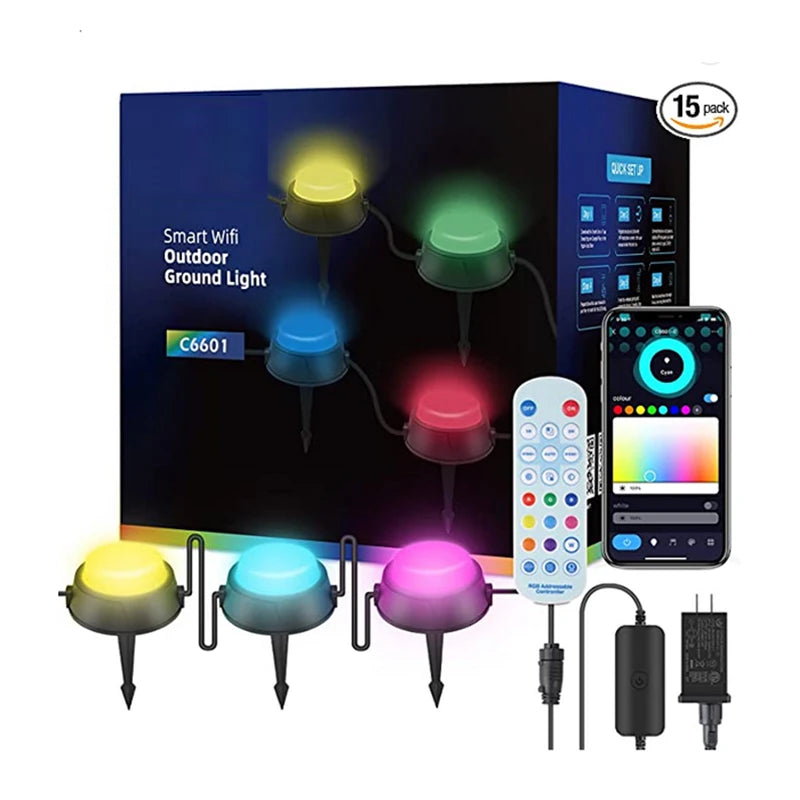 15 Pack Smart Tuya App Control RGBICW Music Sync Pathway LightsGround LightsOutdoor Lawn Light for Garden Yard PatioDecor