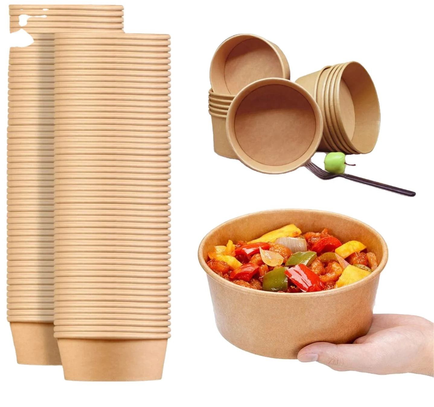 Customizable Biodegradable Kraft Salad Paper Cup Fast Food Packaging Bowl for Noodles Hamburgers Single Wall Embossing Printing