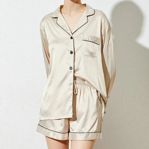 Fung 6002  China Satin  Pajamas Sleeping  Robe for Women Champagne Silk Pajama Sets