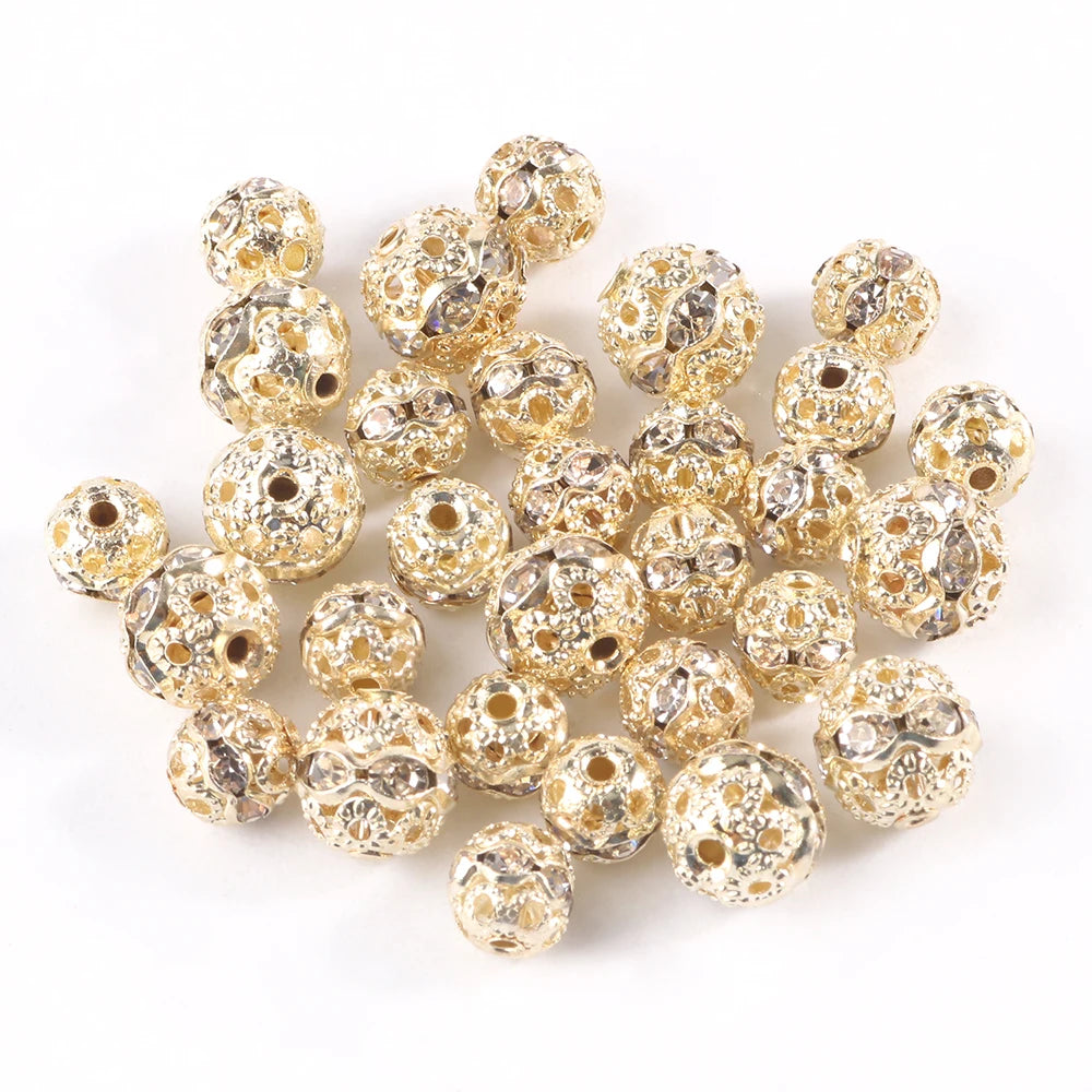 6/8mm Metal Round Ball Shape Rhinestone Rondelle Spacer Beads KUOYU Brand Made in China for Jewelry Bracelet Making DIY