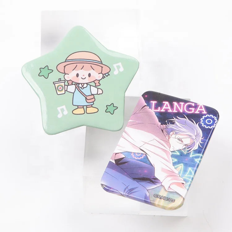 58mm Metal Tinplate Supplies Custom Anime Logo Star Shape Tin Button Pin Badges for Schools