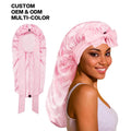 Custom Logo Satin Hair Silk Bonnet for Sleeping Women with Tie Band Long Bonnet Sleep Cap for Braids Curly Hair