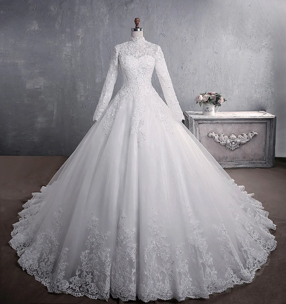 AL1018 Custom Lace Wedding Dress 2025 Bridal Stand Collar Long Sleeve Stand Collar Big Trailing Plus Size Muslim Wedding Dress