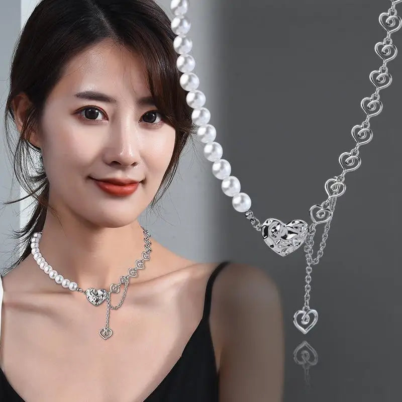 Fashion Stainless Steel Stitching Imitation Pearl Love Necklace for Women Creative Retro Irregular Hollow Necklace Wholesale