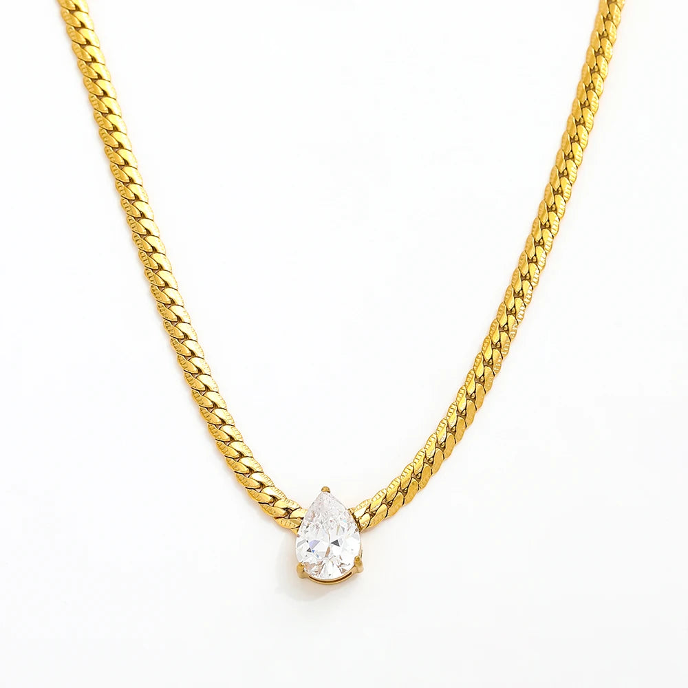 Joolim 18K PVD Gold Plated Jewelry Tear Drop Zirconia Snake Chain Necklace Stainless Steel Jewelry