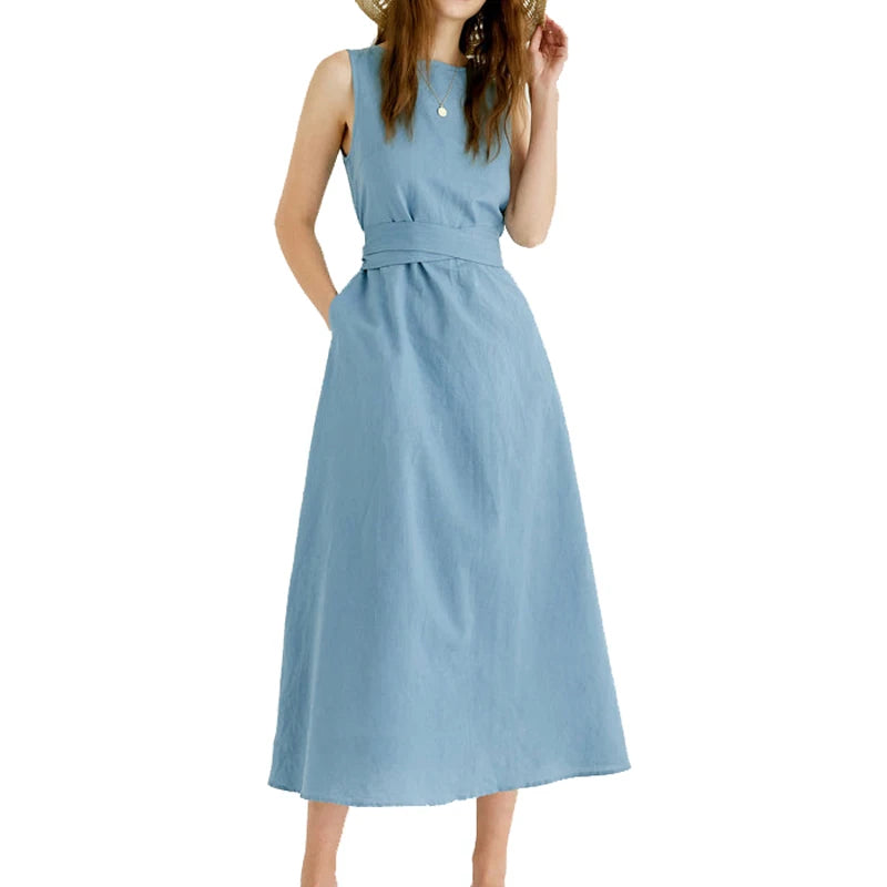 New Arrival Custom Casual Summer Dress Cotton Linen Dress Boho Sleeveless Tie Waist Midi Dress Women Elegant