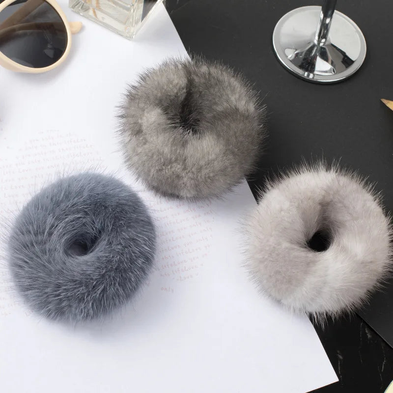 Fashion Girls Elastic Real Mink Fur Scrunchie Hair Rope Real Fur Ponytail Holder Plush Hair Ring Winter Hair Accessories