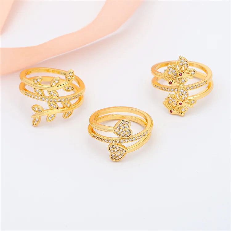 Jxx Wholesale Flower/ Butterfly/ Leaves Shape 24K Gold Plated Brass Jewelry With Zircon Woman Fashion Triple Rings for Female
