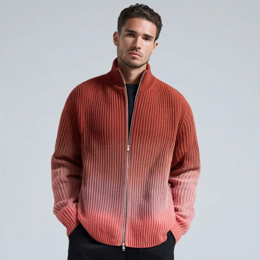 Men's Lightweight 100% Cotton Zip-Up Cardigan Gradient Color Ribbed Texture Stand Collar Sweater for Layering