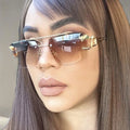 Luxury Frameless Cat Eye Square Green/Yellow Sunglasses for Women High End Fashionable Runway Show Polarized Optical Small