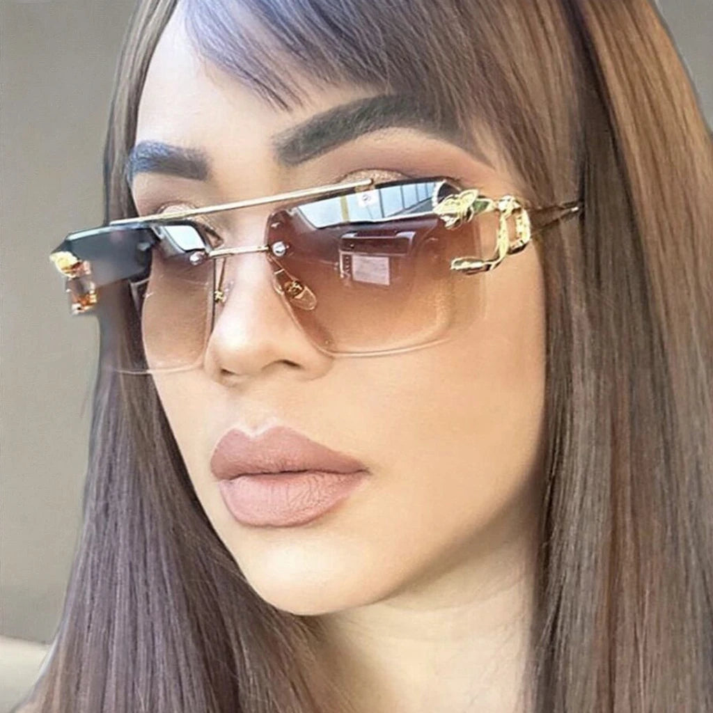 Luxury Frameless Cat Eye Square Green/Yellow Sunglasses for Women High End Fashionable Runway Show Polarized Optical Small