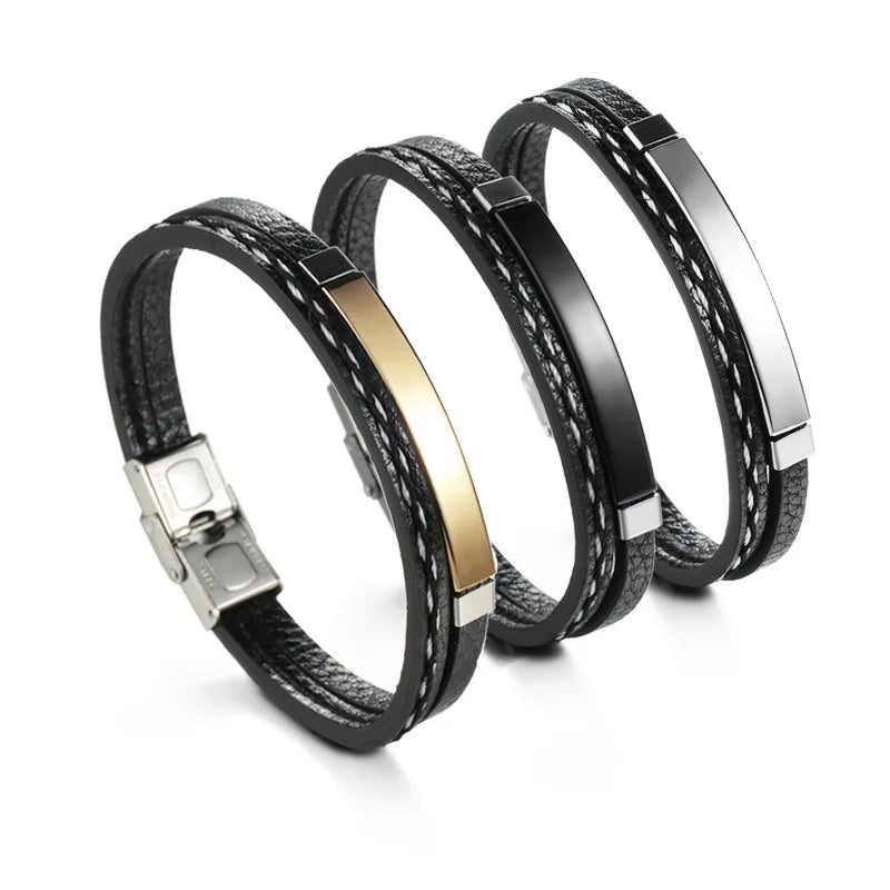 Hot Fashion Personalized DIY Custom Name Plate Bracelet PU Leather Stainless Steel Bar Bracelet