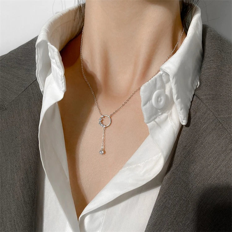 2026 Rhodium Plated Sterling Silver Trendy Circle Pendant Dangle Charm Necklace
