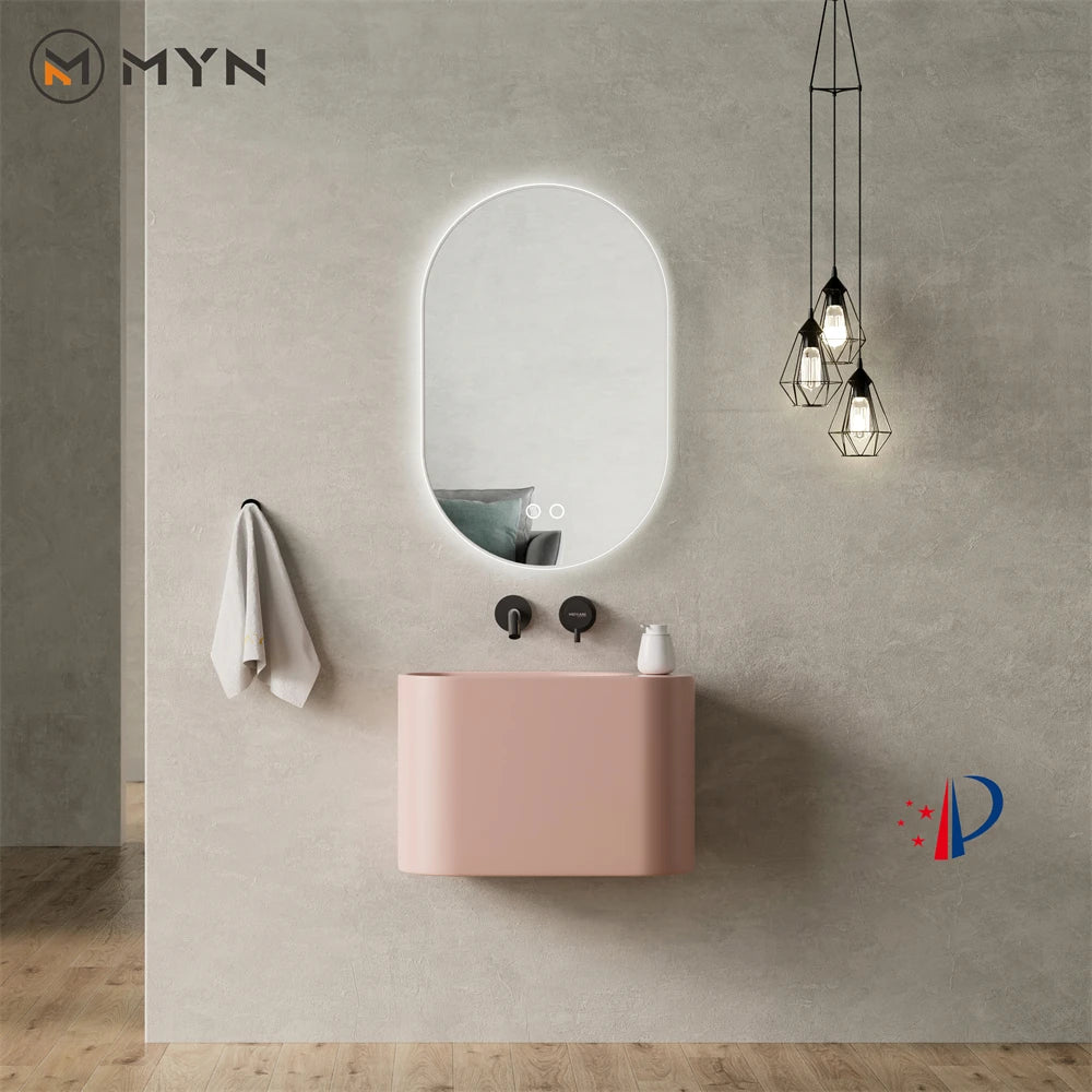 Macaron Decorated Colorful Pink Oval Shape Wall Hung Mount Artificial Stone Lavabo Bathroom Wash Basin